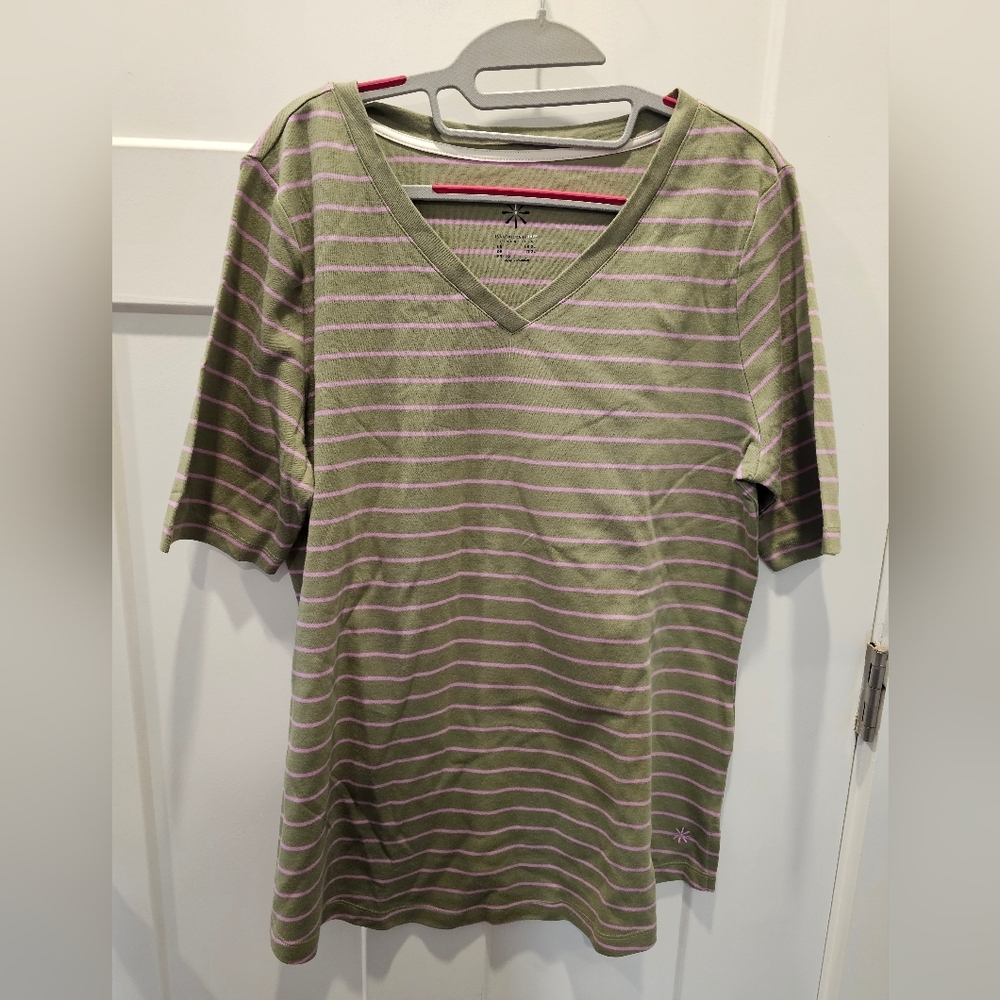 Isaac Mizrahi Live Essentials Pima Cotton Striped VNeck Tee Shirt Olive Lavender